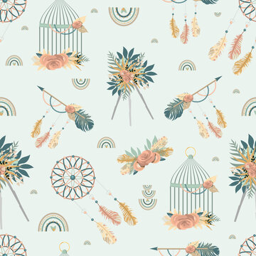 Boho pattern with feathers, dream catchers and rainbows. flat vector illustration.