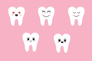 Kawaii. Cute teeth emoji and emoji set with different facial expressions. Vector illustration.