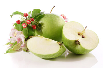 Granny Smith Apple with Apple Blossom isolated on white Background - Turn around