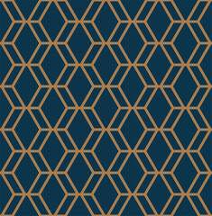 Art deco line art. Hexagon grid pattern in gold and blue color. Decorative seamless background.
