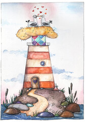 Watercolor Hand drawn isolated lighthouse love