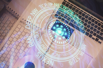 Multi exposure of data theme drawing hologram over topview work desk background with computer. Concept of technology.
