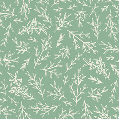 Vector branches leaves random placed seamless repeat pattern. Botanical all over surface print.