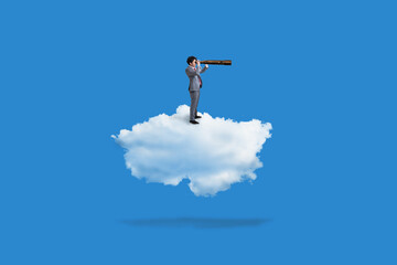 business man standing on clouds and using telescope on blue background, business concept