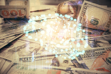 Double exposure of brain drawing over us dollars bill background. Technology concept.