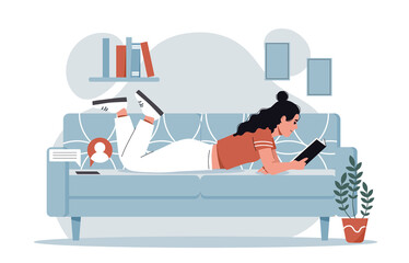 Going offline concept. Girl lying on couch with book in hand, leaving tablet with messages. Useful hobbies and rest from devices and devices. Love for literature. Cartoon flat vector illustration