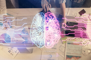 Double exposure of man and woman working together and brain drawing hologram. Intellectual brainstorming concept. Computer background.
