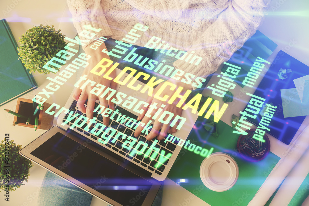 Poster Double exposure of woman hands working on computer and blockchain theme hologram drawing. Top View. bitcoin cryptocurrency concept.