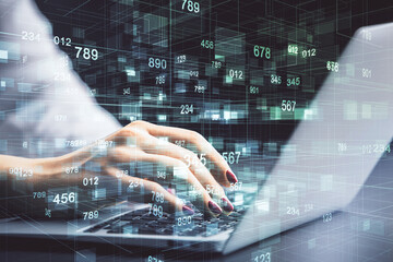 Multi exposure of woman hands working on computer and data theme hologram drawing. Tech concept.