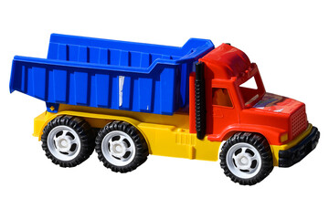 Toy plastic dump truck on a white background