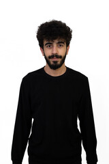 Fototapeta premium Curly haired young male in black sweater. Isolated on white background