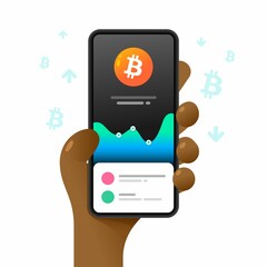 Smartphone mockup in human hand. Bitcoin value chart. Market trends. Vector colorful cryptocurrency illustration