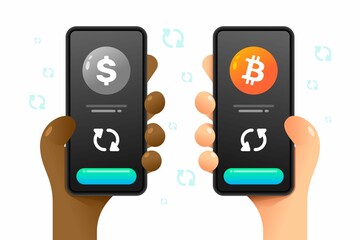 Smartphone mockup in human hand. Convert operation. Bitcoin and dollar. Crypto wallet. Vector colorful cryptocurrency illustration
