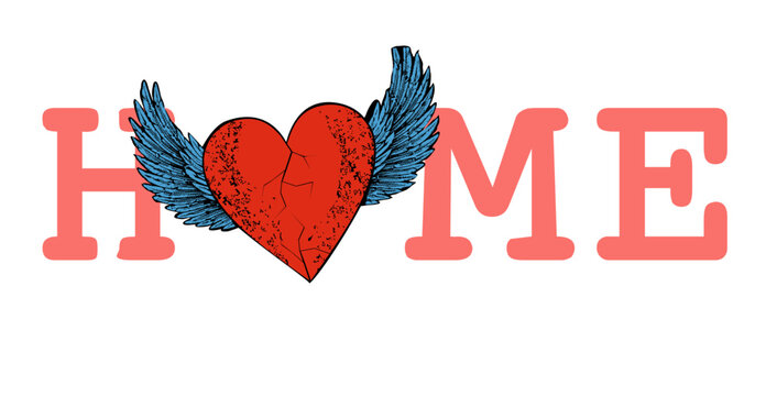 Vector design with the word Home and a winged red heart isolated on white. 
