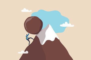 Hard work like pushing boulder uphill, burden or obstacle, business difficulty, struggle, challenge to success, motivation or persistence concept, businessman pushing boulder uphill to mountain peak. - obrazy, fototapety, plakaty