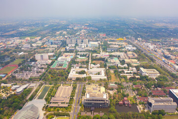 Aerial top view of university or college campus buildings. Skyline