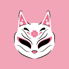 Kitsune fox mask with sakura flower on pink background japanese style flat vector icon design.