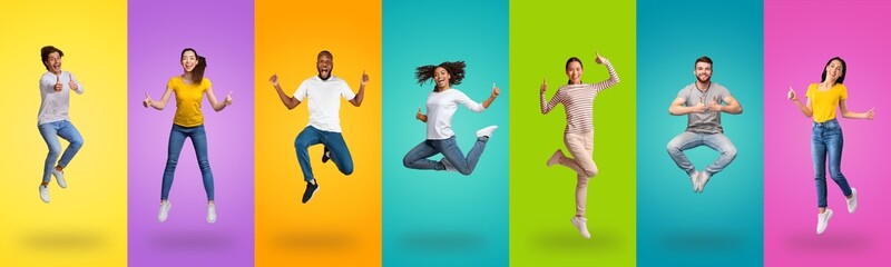 Joyful multiracial people jumping up on colorful backgrounds, showing like