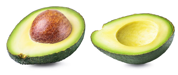 Set of two halves of avocado isolated on white background