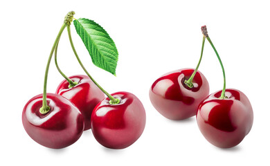Set of sour cherry berries with green stem and leaf isolated on white background