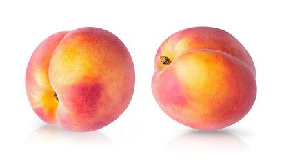 Set of two whole peach fruits isolated on white background