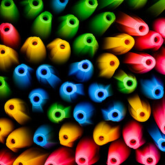 ballpoint pens in various bright colors. Top view of the caps.