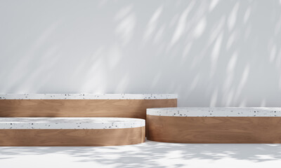 podium rounded wood for product presentation. Natural beauty pedestal, relaxation and health, 3d illustration
