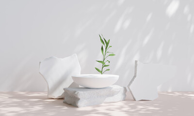 white rock podium for product presentation. Natural beauty pedestal, relaxation and health, 3d illustration