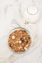 muesli with nuts and chocolate in th bowl