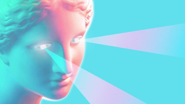 GIF animation with antique sculpture of human face in surreal style. Modern creative concept video 4K with ancient statue head and rays from eyes. Contemporary stop motion art. Funky unusual design.