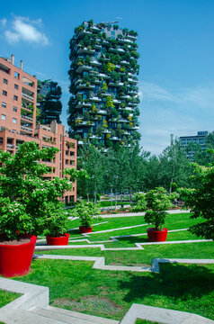 View of Bosco Verticale seen from the Biblioteca degli Alberi (BAM), park located between Piazza Gae Aulenti and the Isola district. 05-09-2022. Flowering fields. Milan. Italy