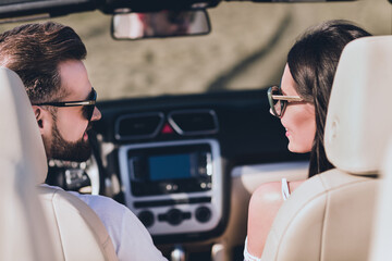Photo of cute handsome boyfriend girlfriend dressed casual outfit enjoy sunny weather driving...