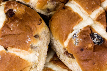 Pile of Easter Hot Cross Buns Closeup View