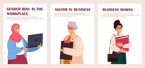 Banners with Business Women, Confident Female Characters Wear Formal Clothes. Diverse Office Persons, Gender Bias at Workplace, Advantages, Equality. Cartoon People Vector Illustration, Posters