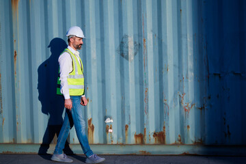Male walk. Handsome caucasian male dock foreman worker in white hard hat helmet and high-visibility vest walking in Shipping Cargo Container Terminal Depot