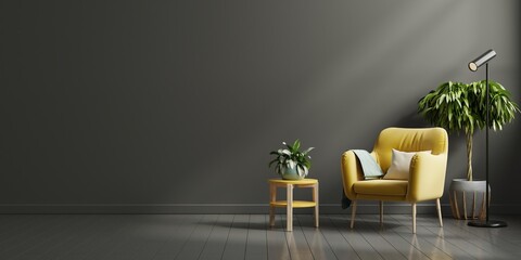 Interior wall mockup in dark tones with yellow armchair on black wall background. - obrazy, fototapety, plakaty