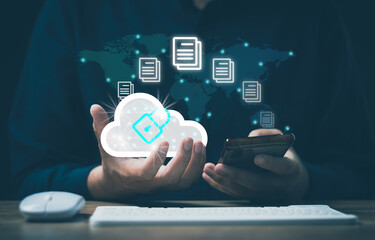 Document Management System(dms) concept. Male hands operating a computer. to manage online that is easy, convenient, fast and enhances the efficiency of digital transformation for the organization