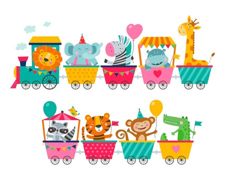 Locomotive with cute animals. Cartoon print. Vector illustrations