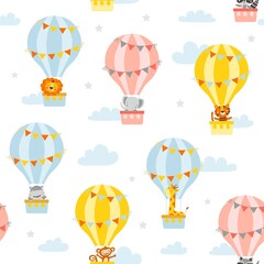 Seamless pattern with cute animals in a hot air balloon. Vector illustration