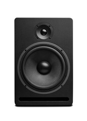 Black sound speaker isolated on white background.