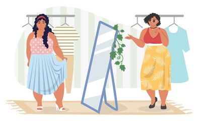 Fat woman shopping at store cartoon vector