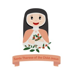 Santa Teresinha do Menino Jesus segurando buque de rosas - ilustração vetorial estilo fofinho