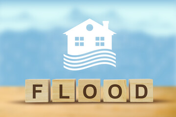 Flood natural disaster with house, rainy season, heavy rain and storm,  illustration.