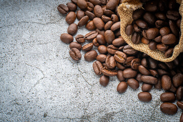 Roasted coffee beans background. Selective focus