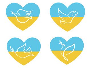 Set of pigeons with ukrainian flag. Collection of flying world doves with laurel branch on hearts. National ukrainian flag. A symbol of peace. Vector illustration of stylized birds.