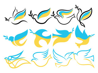 Set of pigeons with ukrainian flag. Collection of flying world doves with laurel branch. National ukrainian flag. A symbol of peace. No war. Vector illustration of stylized birds.