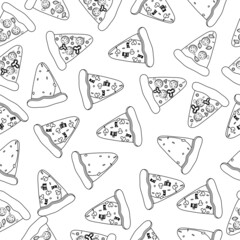 Seamless one line style pizza pattern fast food