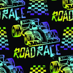 Abstract seamless pattern with sport cars .Bright background with grunge elements for textiles, children's clothes, prints. Pattern for boys © SokolArtStudio