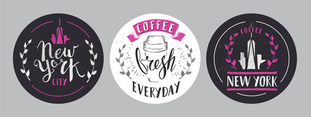 Set of Coffee Lettering for  Cafe. New York. Fictitious name Template. Hand Drawn Calligraphy Pen Brush Vector.