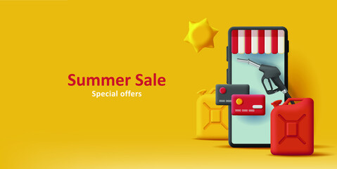 Web summer promo banner for application for gas station with 3d smartphone illustration with fuel canisters and gas nozzle. Vector black illustration - obrazy, fototapety, plakaty